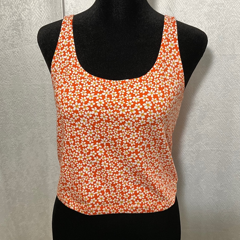 Forever 21 Daisy Floral Crop Tank Top Orange White Stretch Y2K Retro Cottagecore
